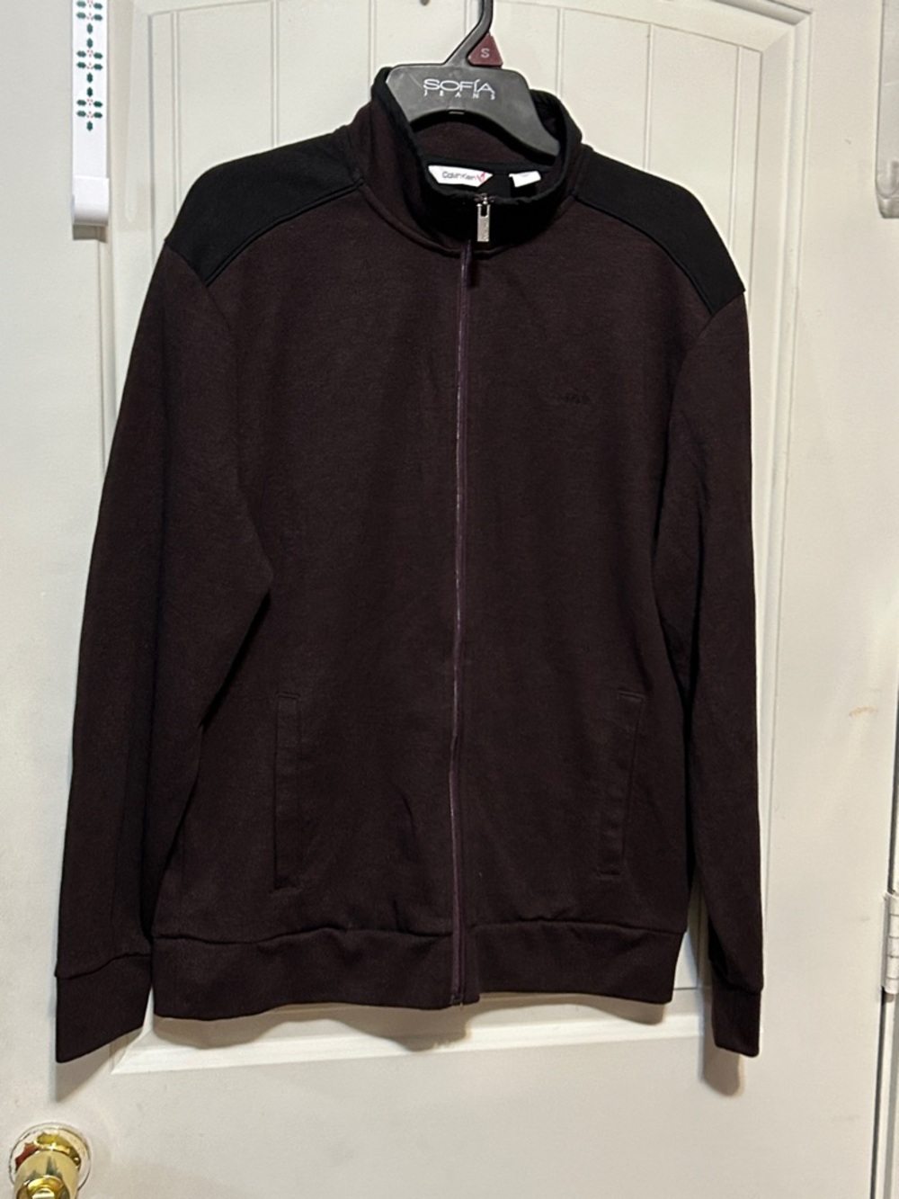 Calvin Klein Men’s Full-Zip Sweater Jacket in Dark Brown with Black Shoulders